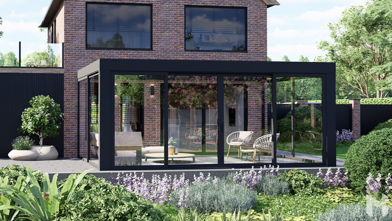 Moderne CUBE Veranda mit kubistischer Aluminiumkonstruktion, Glasdach und seitlicher Verglasung
